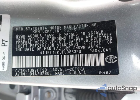 2015 Toyota Camry Se из США, поврежденный, VIN 4T1BF1FK0FU086350